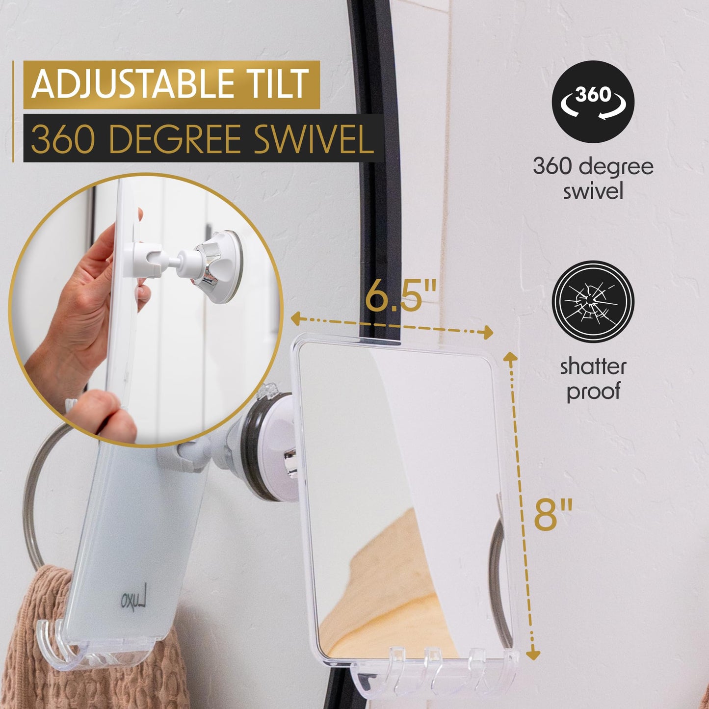 Luxo Shower Mirror, Shower Mirror fogless for Shaving with a Removable Razor Holder - Shaving Mirror for Shower with a Powerful Suction Cup - Shatterproof fogless Mirror for Shower (White)