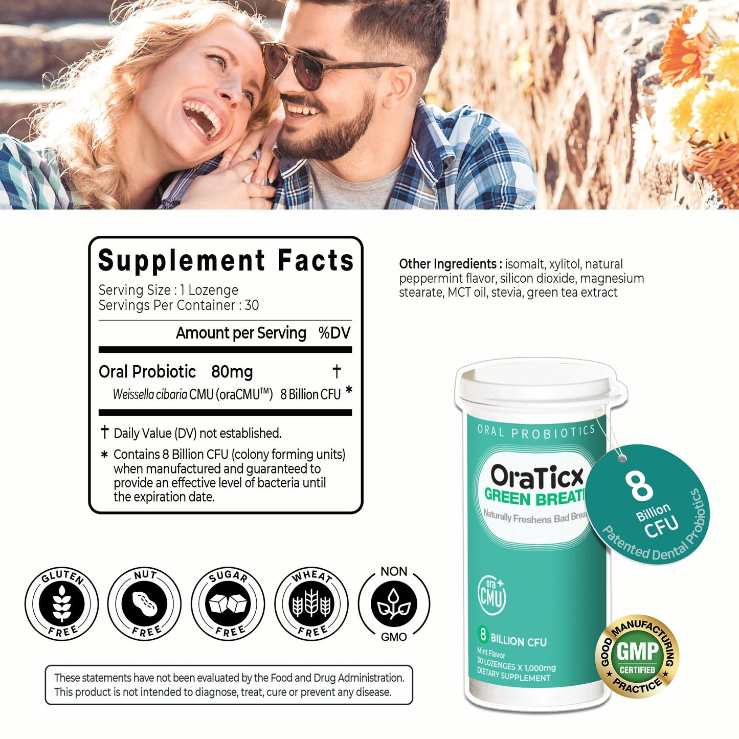 OraTicx Green Breath Oral Care Probiotics, Naturally Support Freshens Bad Breath & Healthy Mouth, Dental Probiotic Supplement 8 Billion CFU, Mint Flavor 30 Lozenges 1-PK