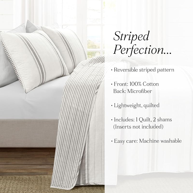 King Size Reversible Cotton Quilt Set - Farmhouse Gray Stripe 3 Piece (Gray + King)