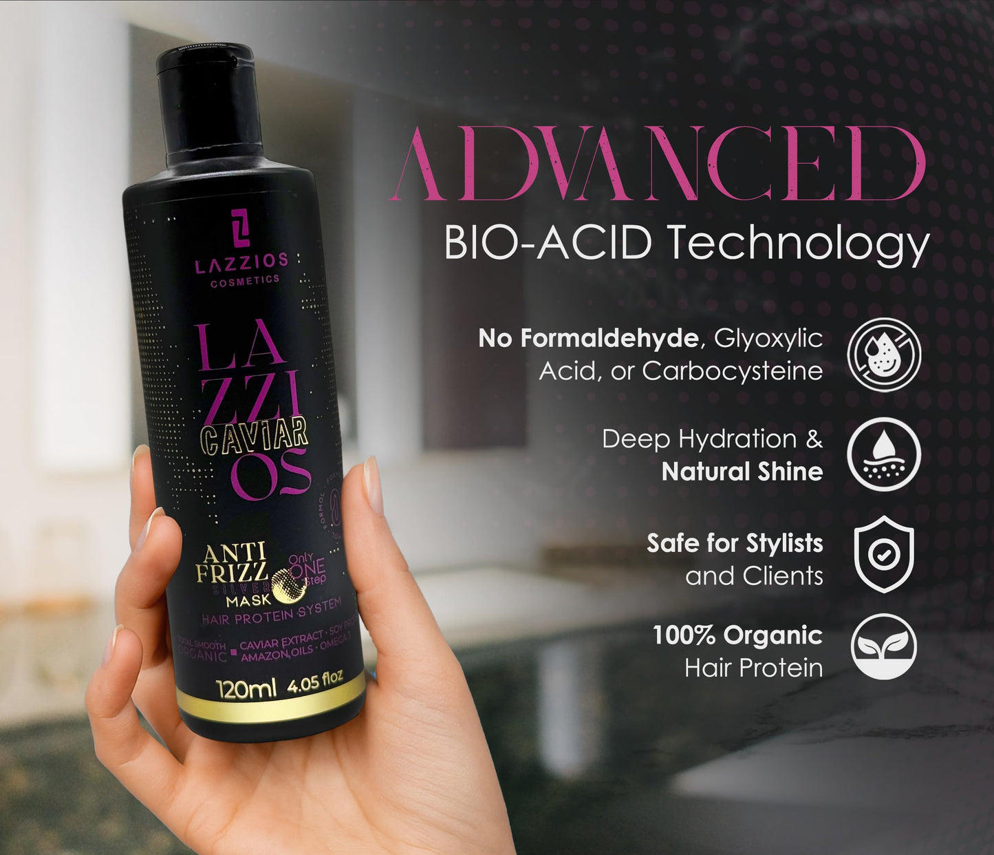 Lazzios Caviar Organic Hair Protein – Brazilian Straightening Treatment – Formaldehyde-Free, Anti-Frizz Hair Organic Formula with Hyaluronic Acid, Hydrolyzed Keratin, Caviar Extract – (120ml)