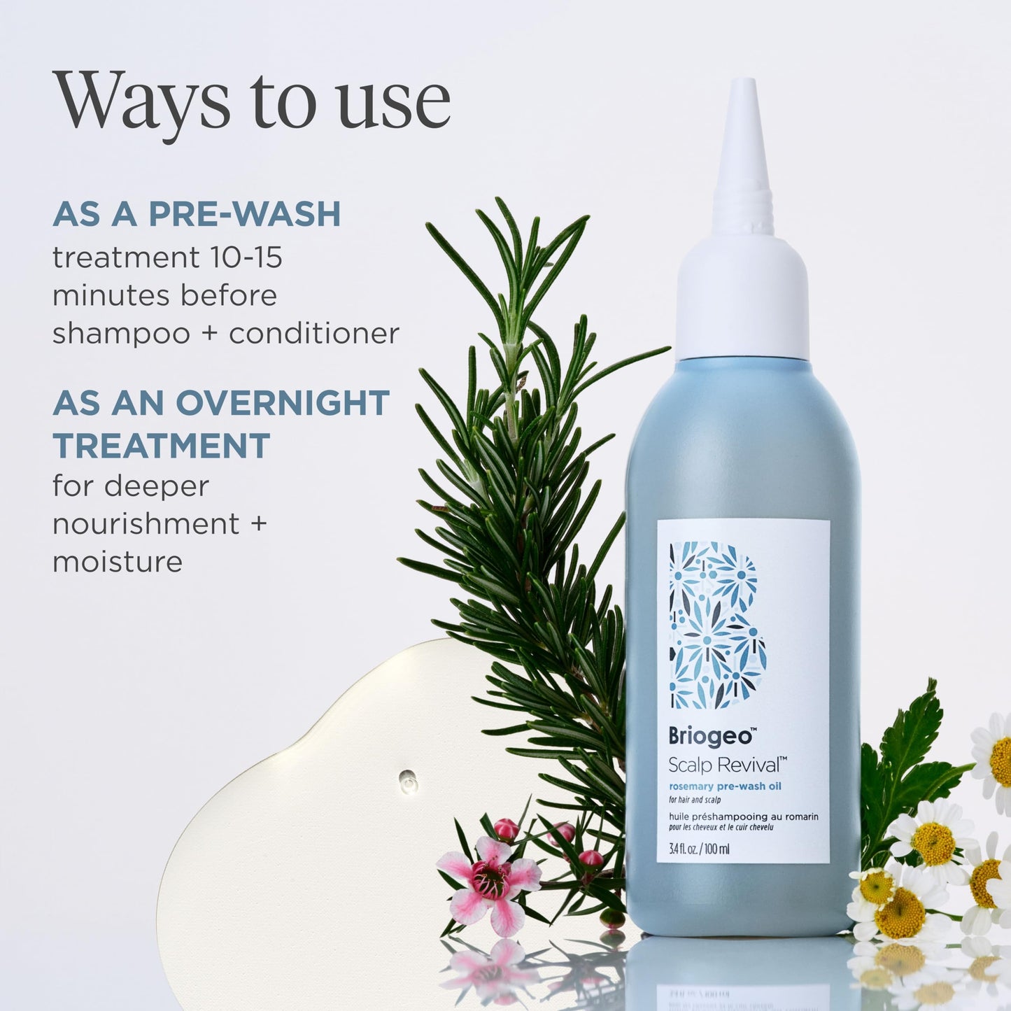 Briogeo Scalp Revival Rosemary Pre-Wash Oil, Hair and Scalp, Dry Scalp Treatment for Stronger and Longer Hair, Soothe Dry Scalp, Lipids and Vitamins, Deep Moisture, Vegan, Cruelty-Free, 3.4 fl oz
