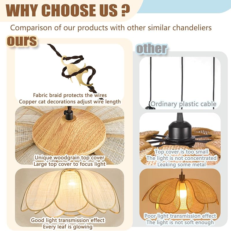 25.6" Boho Rattan Chandelier with Brass Cat Hook – Hand-Woven Pendant Light