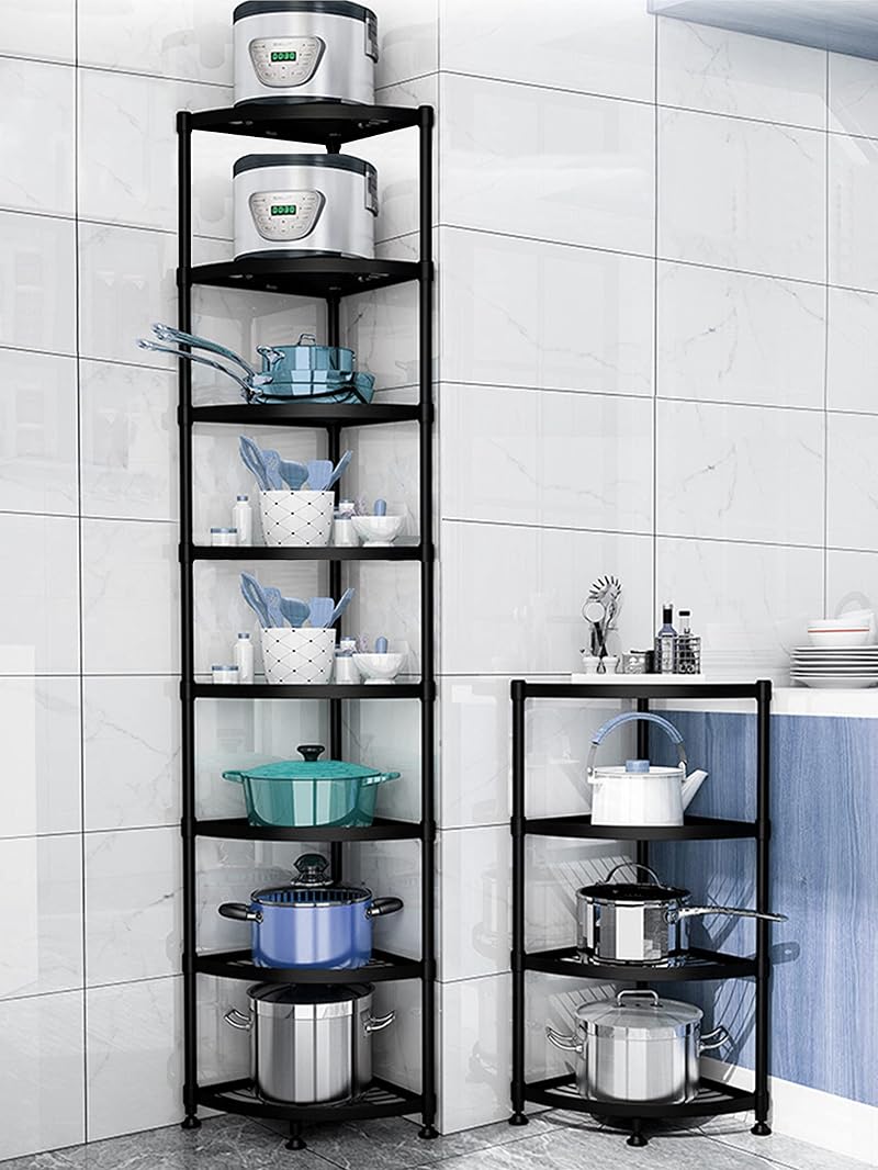 8-Tier Kitchen Corner Shelf Rack with Black Finish – Heavy-Duty Pot & Dish Storage