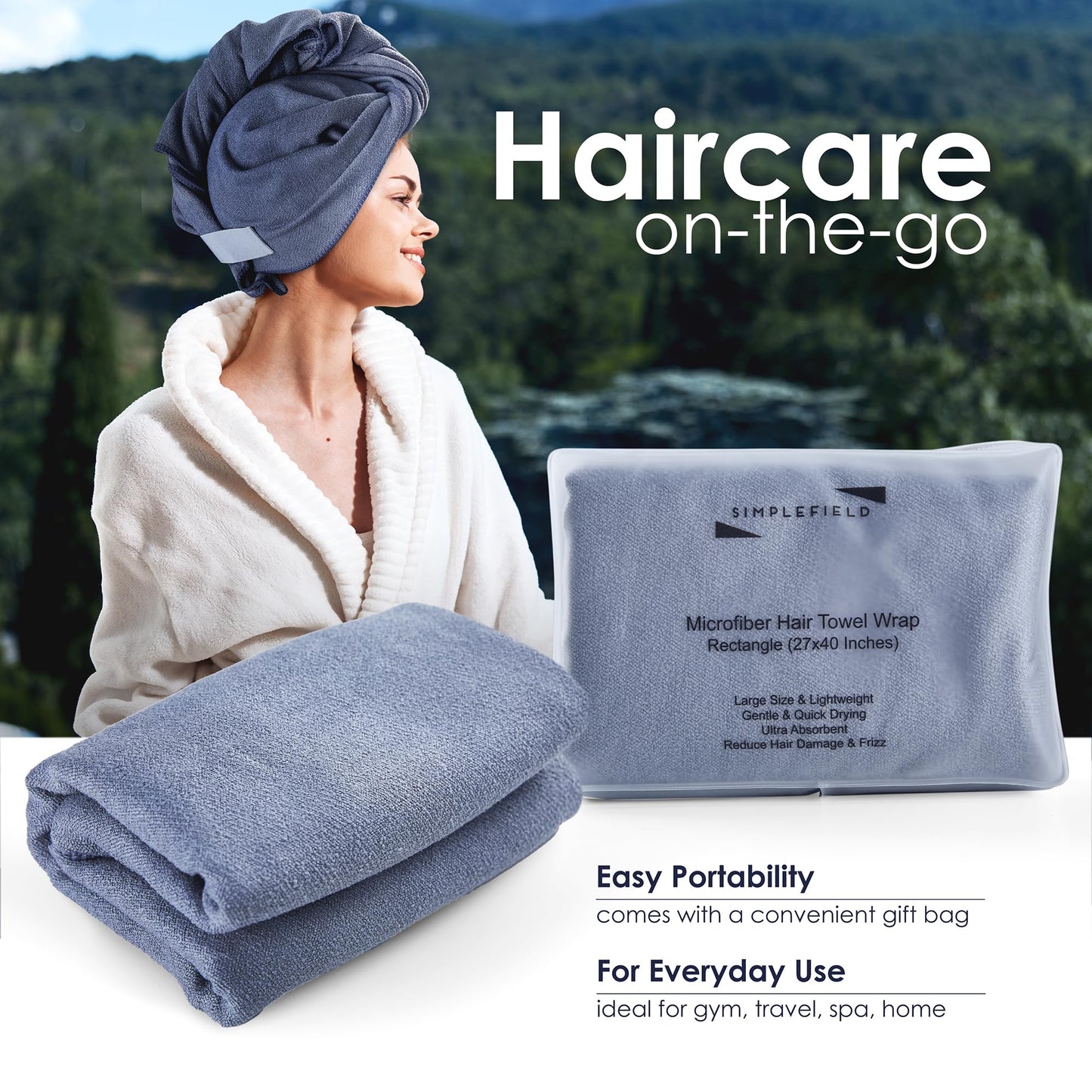 SimpleField Large Microfiber Hair Towel Wrap for Women (27x40 Inches). Anti Frizz Rectangle Drying Towel with Elastic Band for Long, Curly, and Thick Hair. Includes Reusable Carry Bag (Grey)