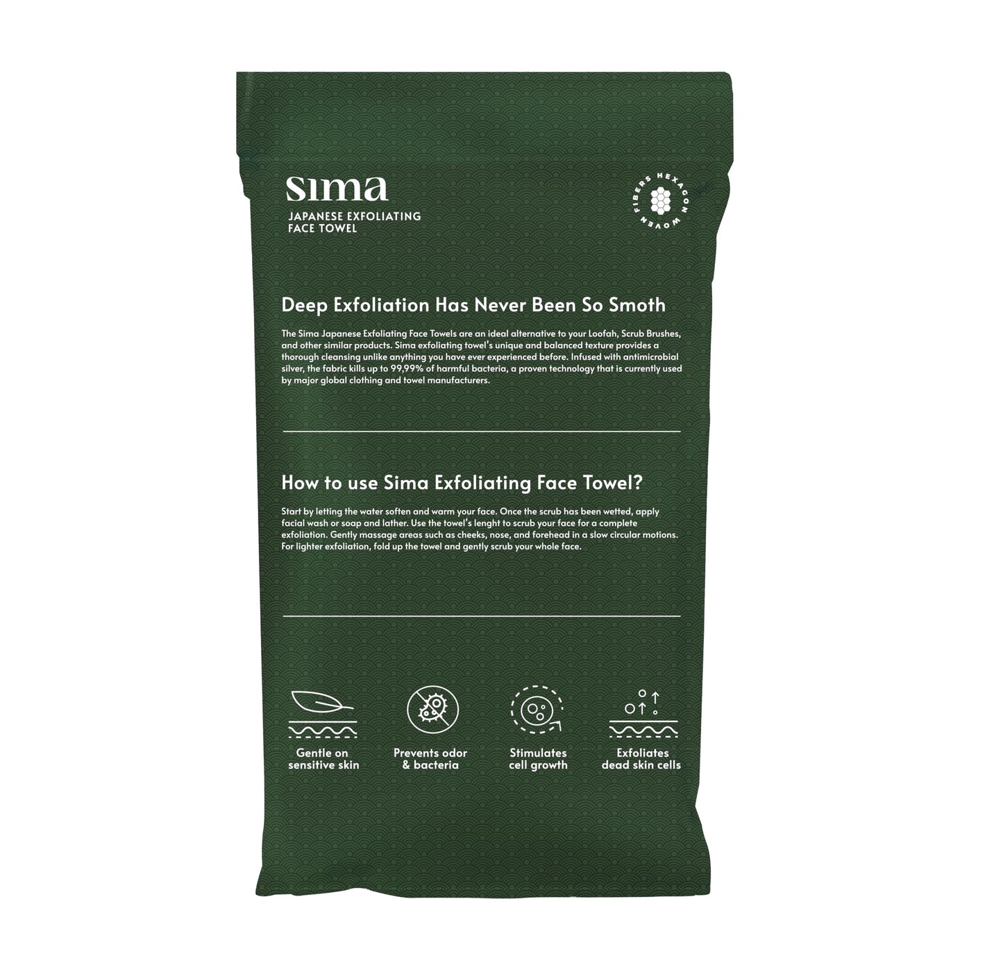 Sima Brand Exfoliating Washcloth Face & Body Scrub Towel - Japanese Exfoliating Towel with Hexagon Fibers, Exfoliating Body Scrubber with 2 Sides for Scrubbing & Washing (27cm x 35cm)