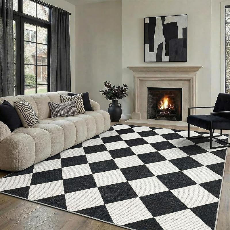 5' x 7' Black & White Checkered Area Rug - washable, non-slip backing