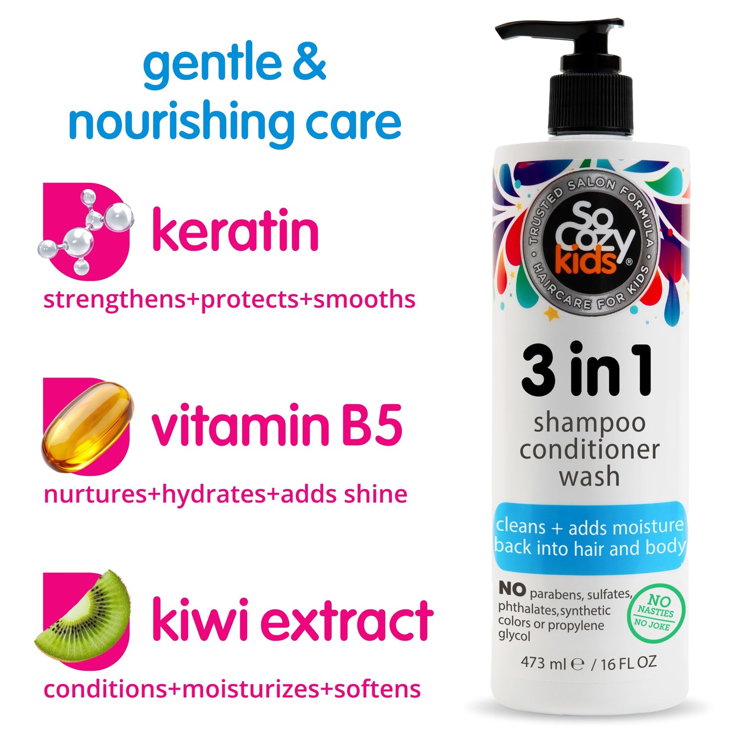 SoCozy 3 in 1 Kids Shampoo + Conditioner + Body Wash (16 Fl Oz) Gentle, Hydrating Hair & Body Cleanser with Keratin, Vitamin B5, & Kiwi Extract, Paraben & Sulfate-Free