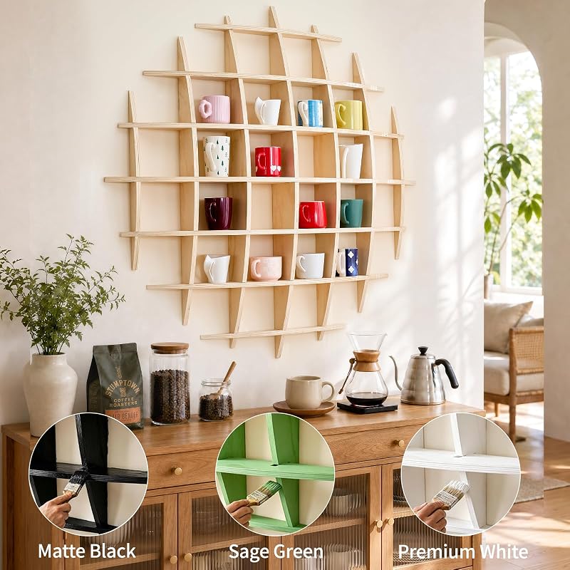 Oversize 46 x 46 Inch Wall-Mount Mug Display Shelf with 28 Slots