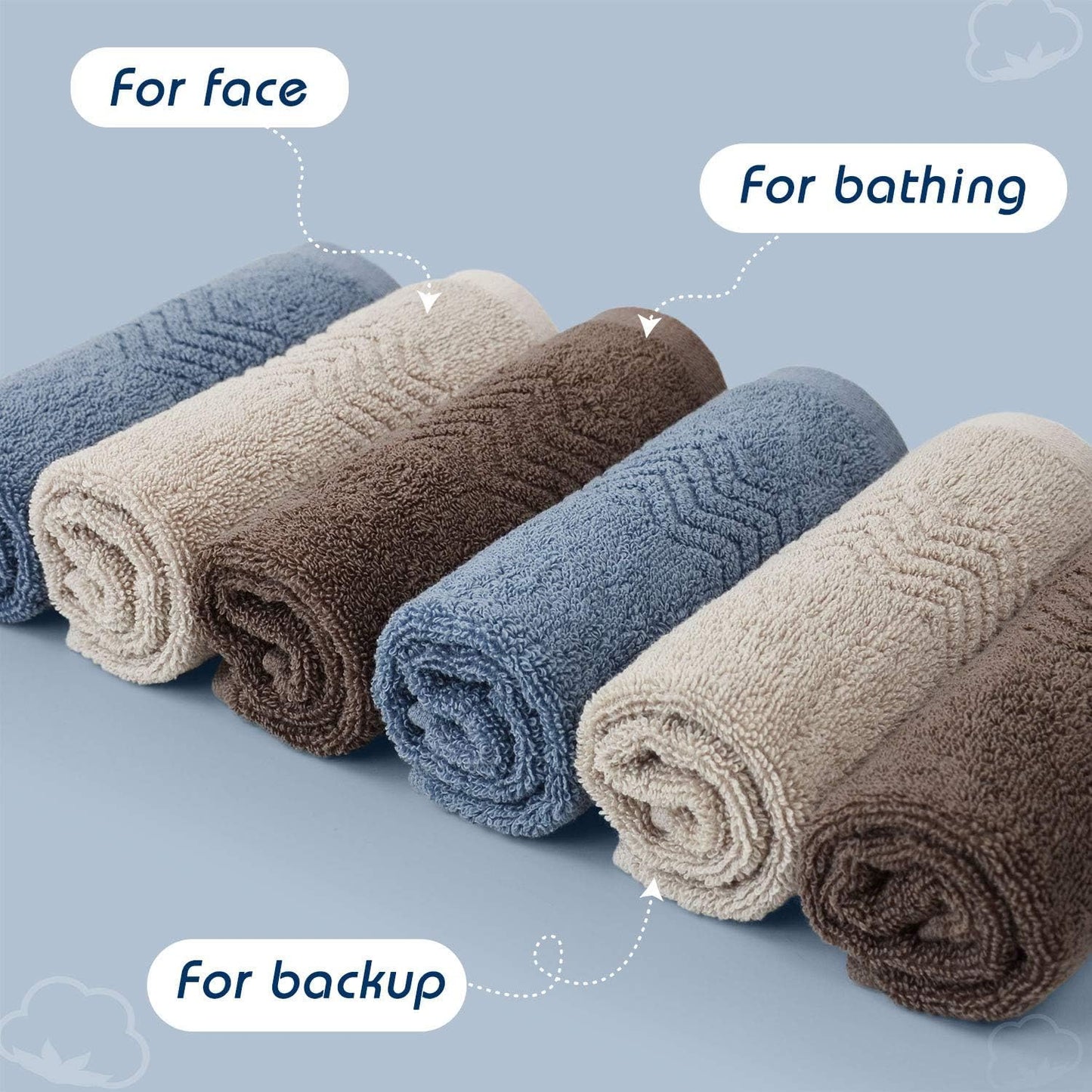 Cleanbear Cotton Washcloths Bath Wash Cloth Set 13 x 13 Inches, 6-Pack Face Cloths with 3 Colors