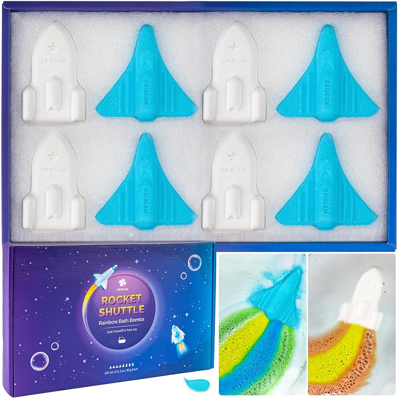 8x 3 oz ORIGLAM Rocket & Shuttle Bath Bombs for Kids – Space Plane Rainbow Fizz, Individually Wrapped