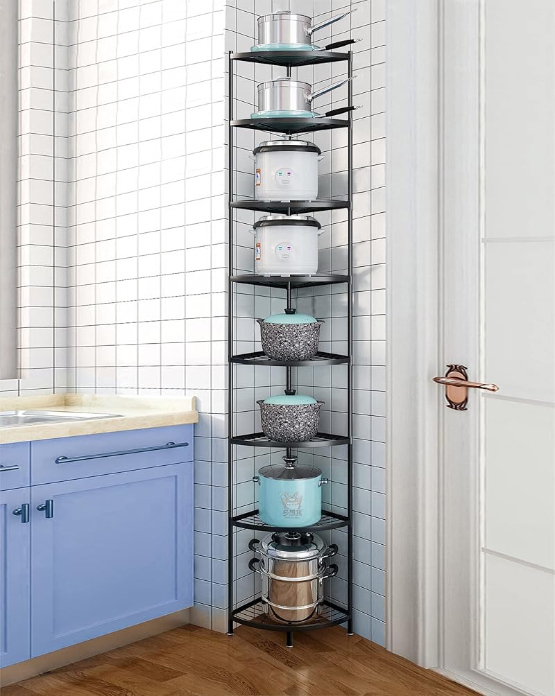 8-Tier Kitchen Corner Shelf Rack with Black Finish – Heavy-Duty Pot & Dish Storage