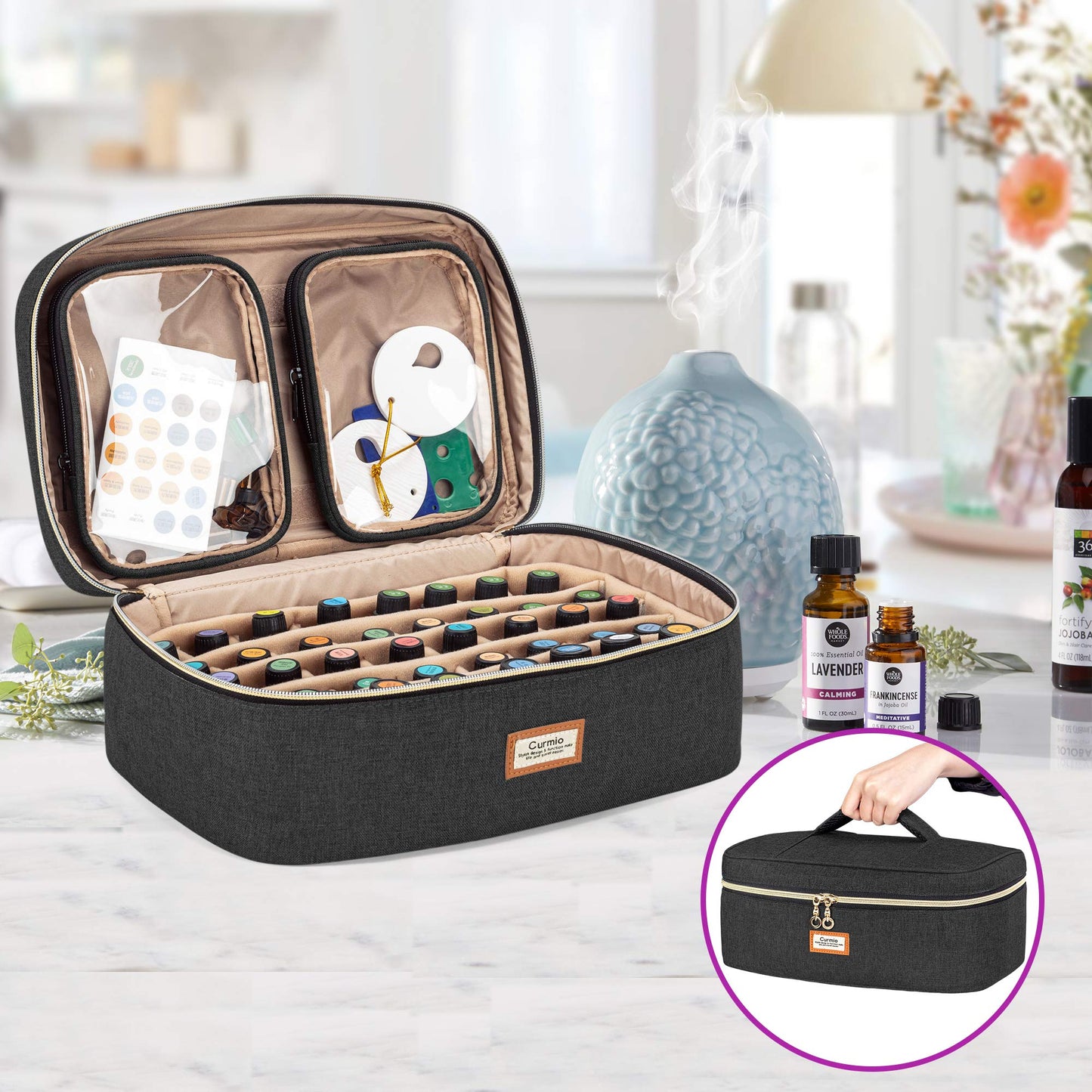 CURMIO Essential Oil Storage Case for 40 Bottles (5ml-30ml), Essential Oils Organizer Case with 2 Detachable Visible Pouches and Portable Handle, Patented Design, Black (Bag Only)