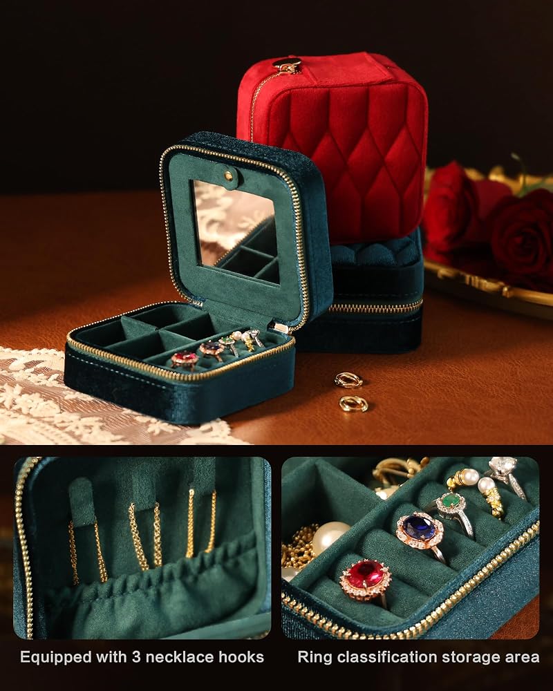 Velvet Jewelry Box Travel Organizer with Mirror - Light Blue, Adjustable Compartments