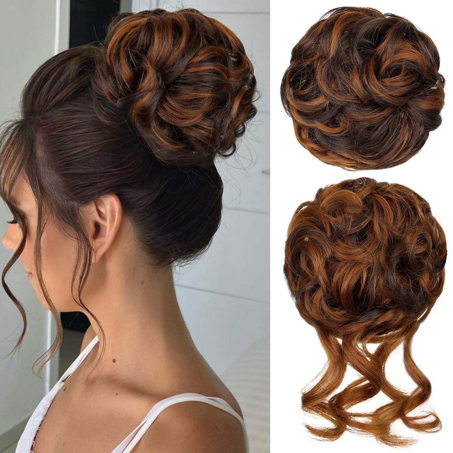 RONTAYA 2PCS Messy Bun Hair Piece Wavy Curly Scrunchies Synthetic Chignon Ponytail Hair Extensions Updo Hairpieces for Women Dark Brown/Light Auburn