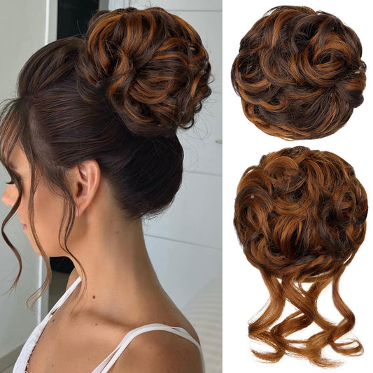 RONTAYA 2PCS Messy Bun Hair Piece Wavy Curly Scrunchies Synthetic Chignon Ponytail Hair Extensions Updo Hairpieces for Women Dark Brown/Light Auburn