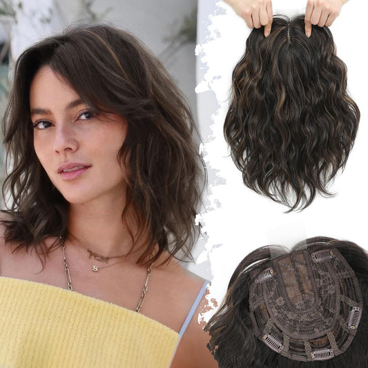 UDU Short Wavy Hair Topper for Women, 11Inch Lightweight & Breathable Synthetic Wiglet for Volume and Gray Hair Coverage, Heat Resistant Natural Hairpiece for Summer Look