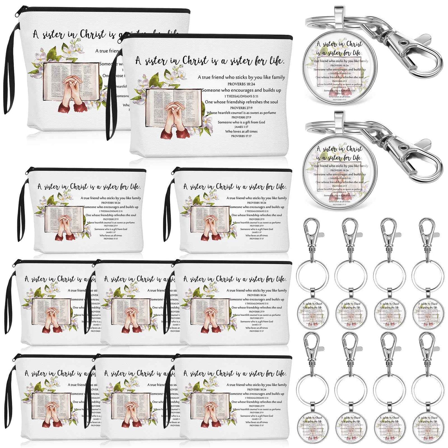 Dansydaisy 16 Pcs Christian Church Sister in Christ Makeup Bag Bible Verse Keychains for Women Birthday Friendship Gift