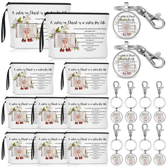 Dansydaisy 16 Pcs Christian Church Sister in Christ Makeup Bag Bible Verse Keychains for Women Birthday Friendship Gift