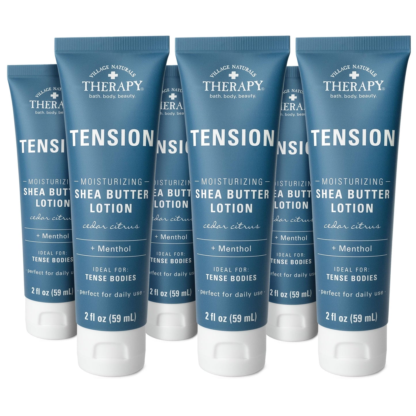 Village Naturals Therapy Tension Relief Shea Butter Lotion, Cedar Citrus Soothe, Daily Moisturizing Hand & Body Lotion with Aloe & Menthol, 2 oz Travel Size, 6-Pack