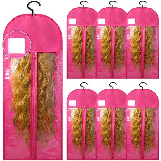 6Pcs Extra Long Wig Storage Bags with Hanger Hair Extension Wig Storage Hanger Bags for Multiple Wigs with Tags Organizer Dust-Proof Home Travel Closet Wigs & Accessories (Pink 31.5in)