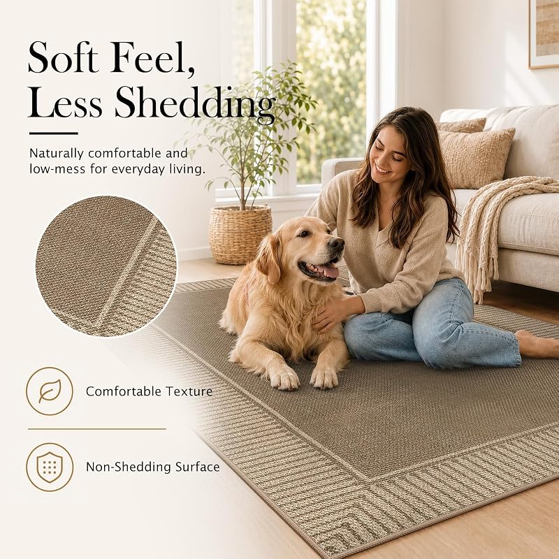 Brown 5' x 7' Jute-Inspired Indoor/Outdoor Rug - Striped Border, Non-Slip Backing