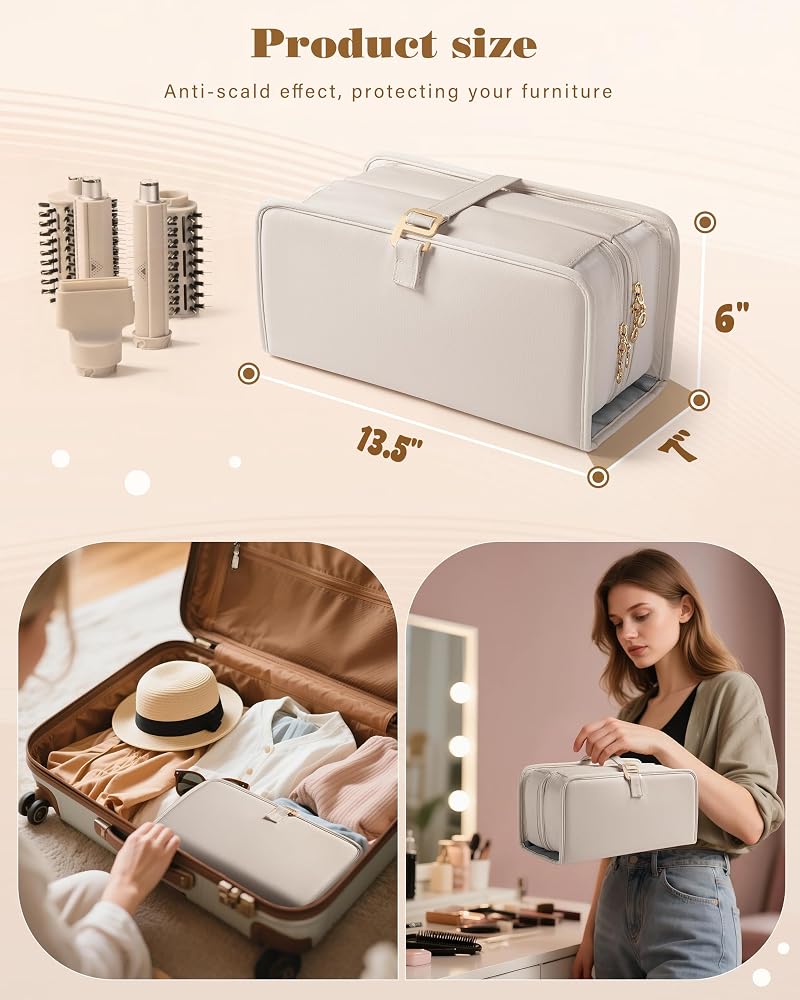Beige Travel Hair Tools Bag with Heat-Resistant Mat & Organizer