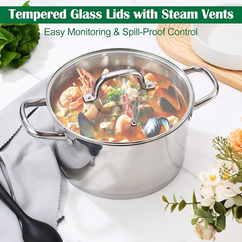 Stainless Steel 10-Piece Cookware Set - Induction Ready Pots & Pans, Oven Safe to 500°F