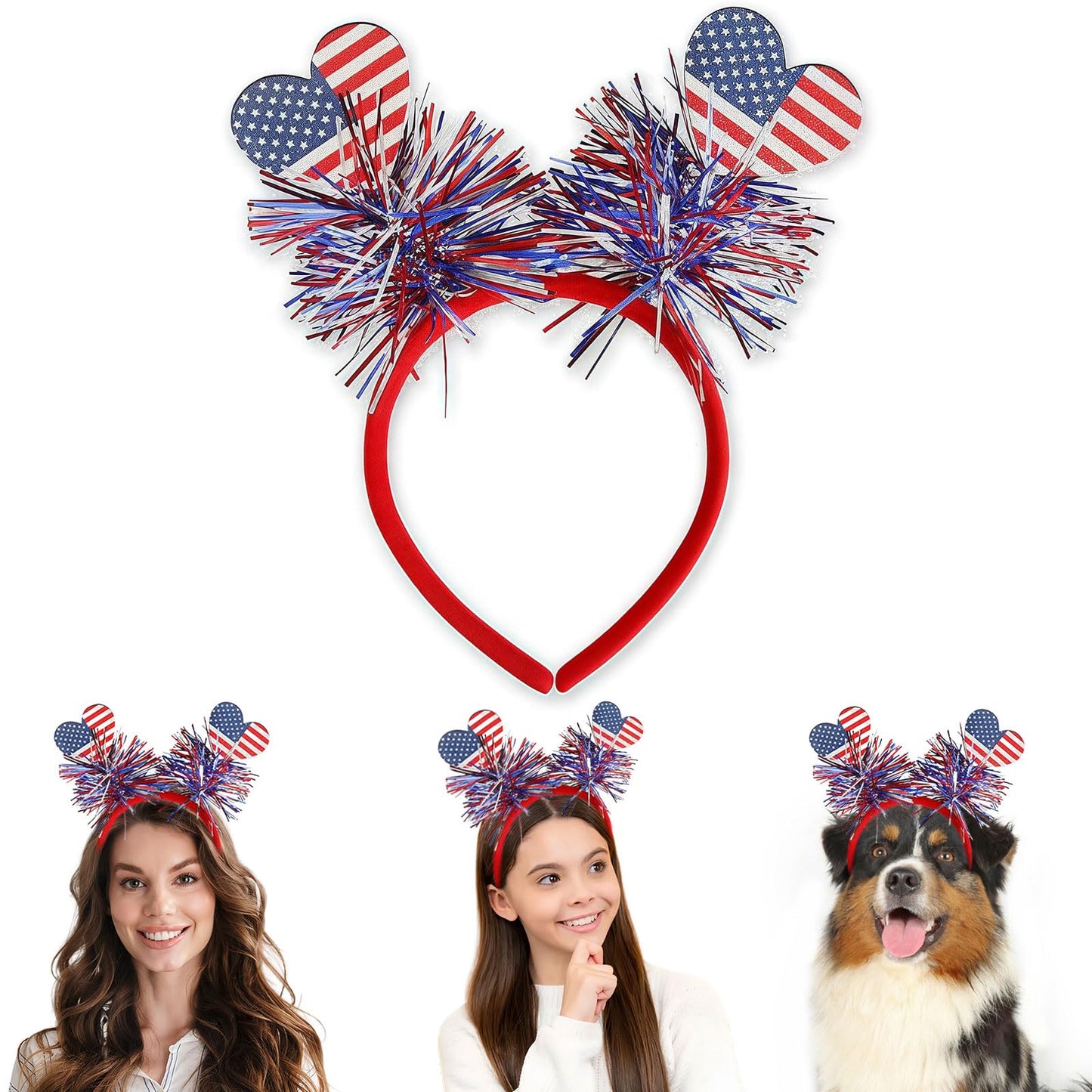 Patriotic Headband 1Pcs, 4th of July Hair Accessories And Patriotic Party Supplies, Red White And Blue Decorations for Adult Kids, Heart with USA Flag Ribbon Designs