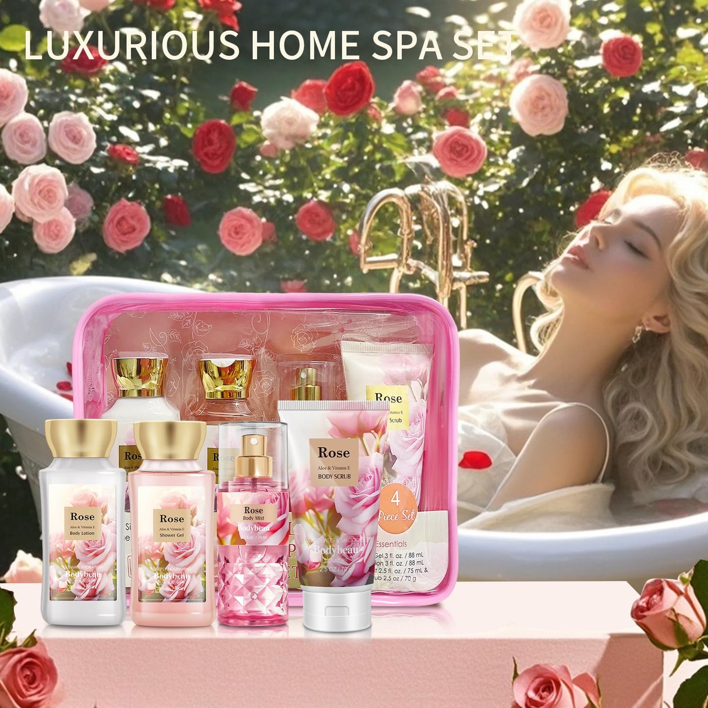 Bath and Body Gift Set for Women & Girls, Rose 4PCS Set for - Shower Gel, Body Lotion, Body Mist, Exfoliating Scrub, Personal Portable Body Care Travel Set