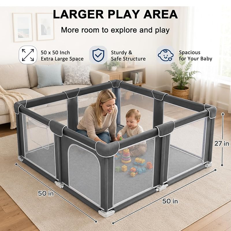 Foldable Baby Playpen 50x50in with Mesh Walls, Portable Play Yard & Foldable Mat - Grey (G TALECO GEAR)
