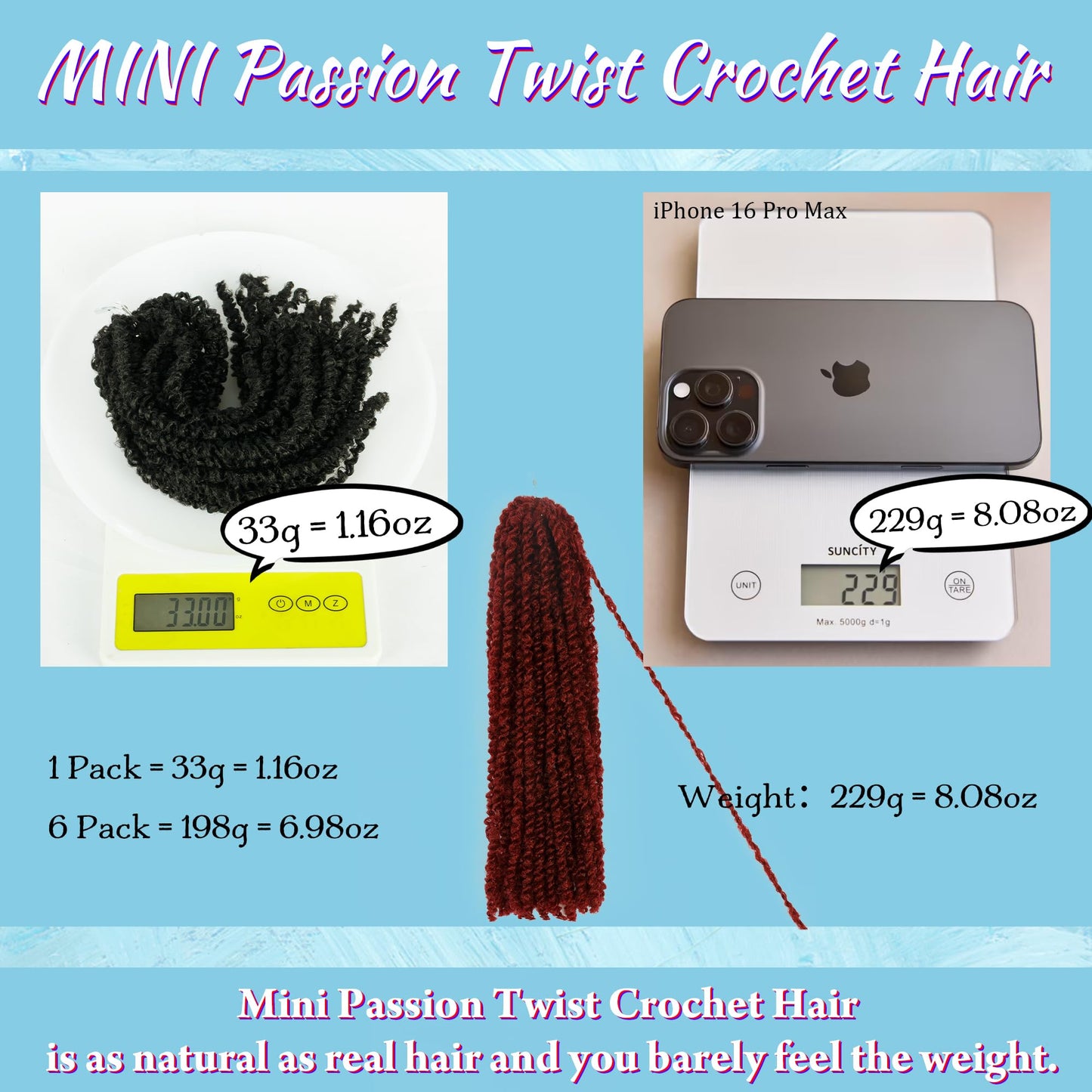 Mini Passion Twist Crochet Hair for Black Women-10 Inches 6 Packs Pure Burgundy Pre Twisted Elastic and Cuttable Hair Extensions,Braided by Soft Synthetic Twist Bohemian Curl(10"-6P,BUG#)