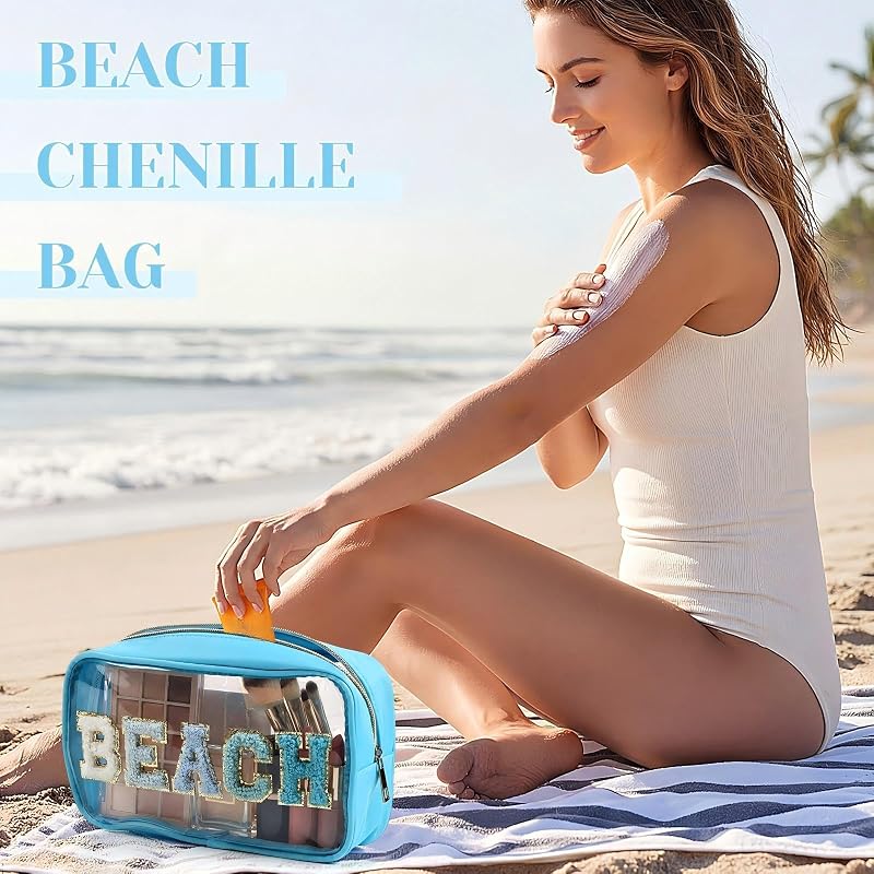 Lake Reflection Beach Clear Makeup Bags Set with Chenille Letter Patches - 6 Pcs Waterproof Toiletry Bags