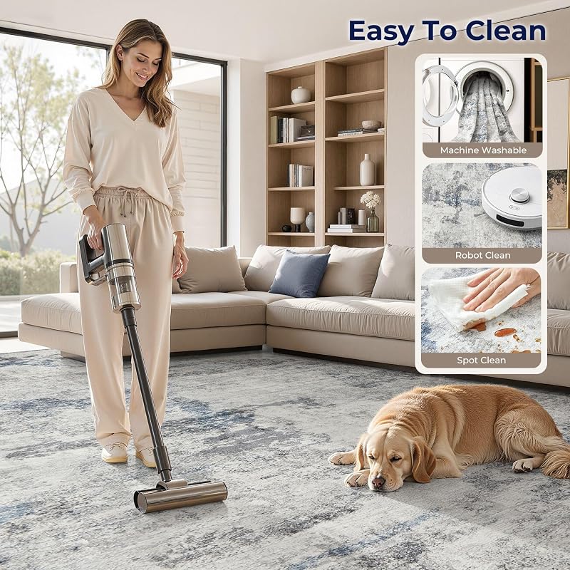 Grey-Blue 9x12 Area Rug - Machine Washable Abstract Living Room Carpet