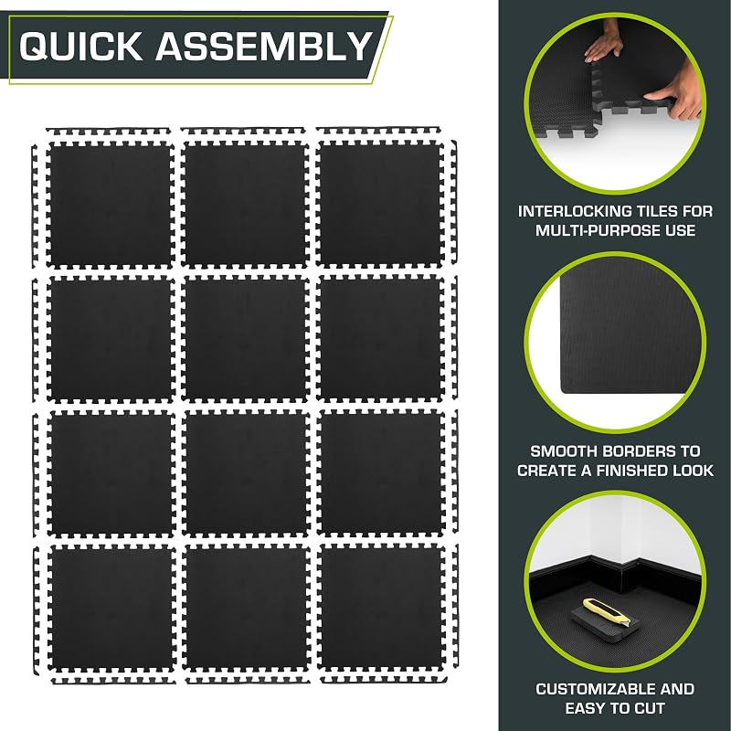 ProsourceFit 3/4-Inch Interlocking Exercise Puzzle Mat - 48 Sq Ft, 12 Tiles, EVA Foam