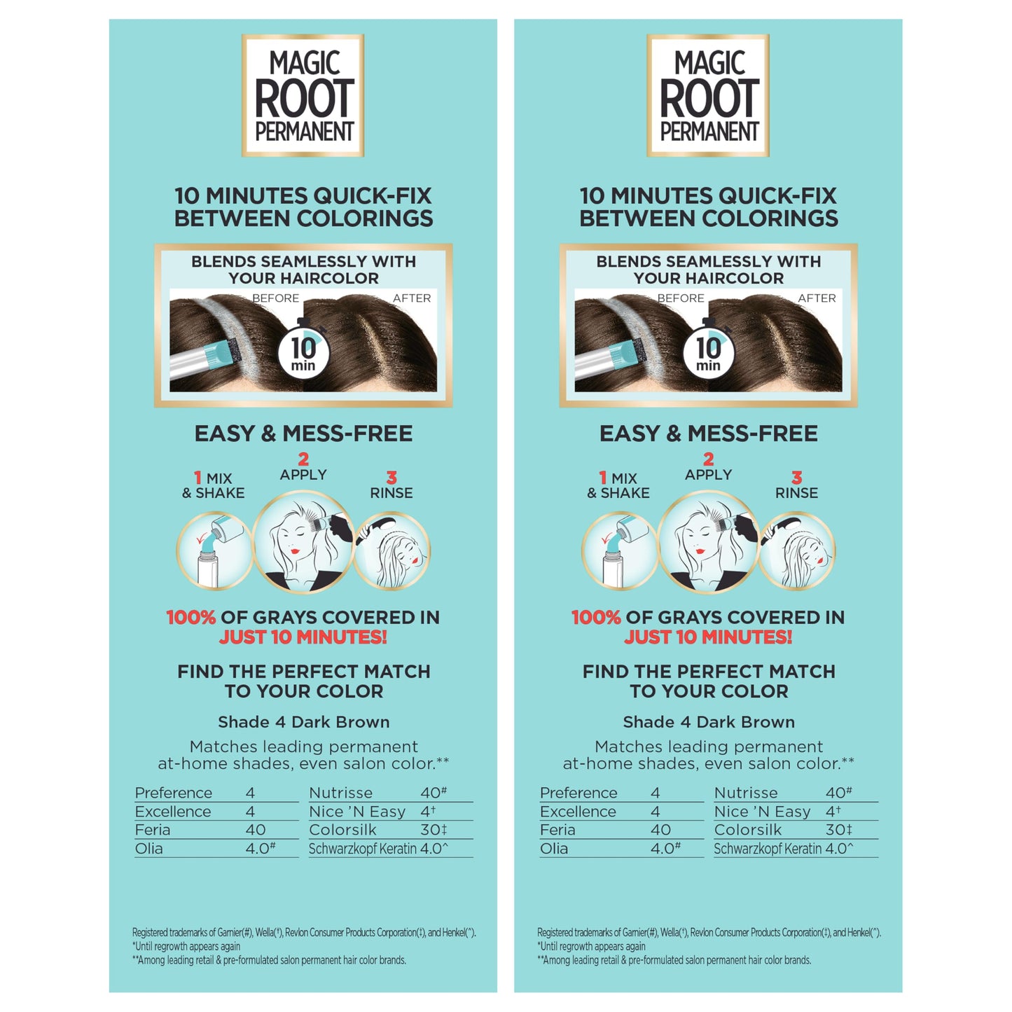 L'Oreal Paris Magic Root Rescue 10 Minute Root Hair Coloring Kit, Permanent Hair Color with Quick Precision Applicator, 100 percent Gray Coverage, 4 Dark Brown, 2 count
