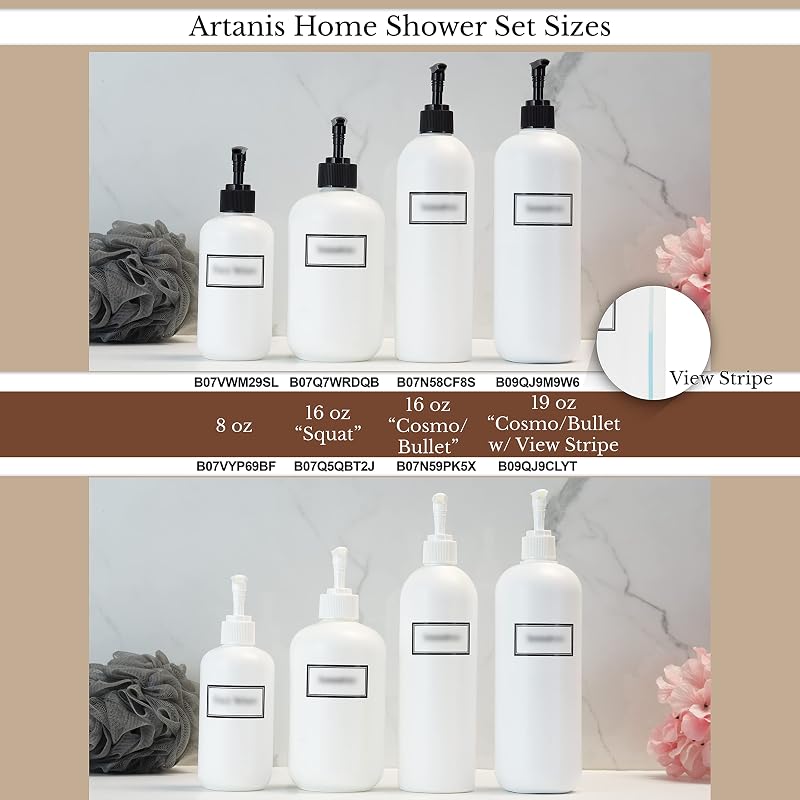 Refillable 19 oz Body Wash, Shampoo & Conditioner Pump Dispenser Set — White View Stripe 3-Pack (Variation: White Plastic Pumps)