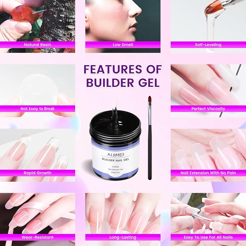 AIJIMEI Clear Builder Nail Gel Kit 150g with Nail Forms & Tools - Variation: Clear