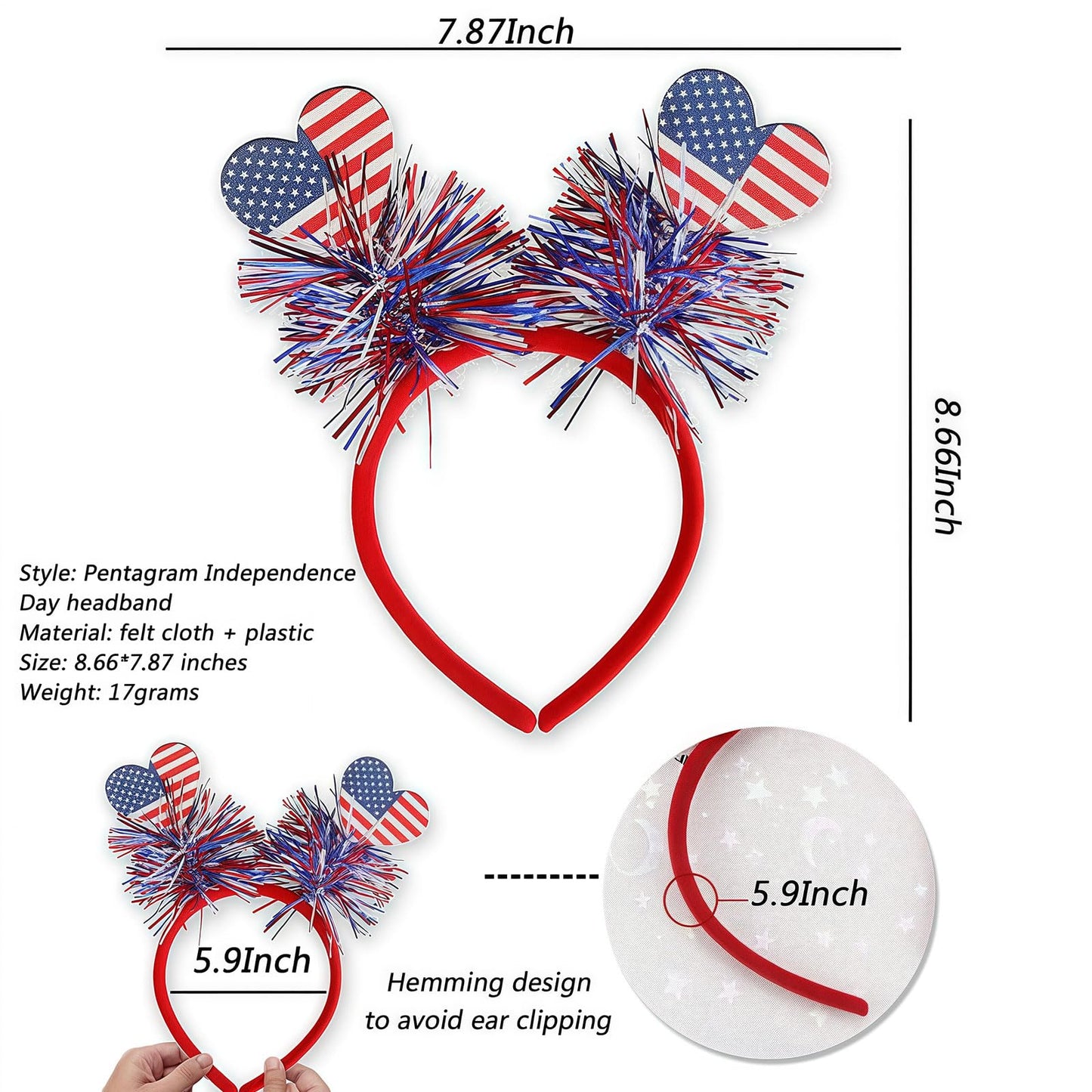 Patriotic Headband 1Pcs, 4th of July Hair Accessories And Patriotic Party Supplies, Red White And Blue Decorations for Adult Kids, Heart with USA Flag Ribbon Designs
