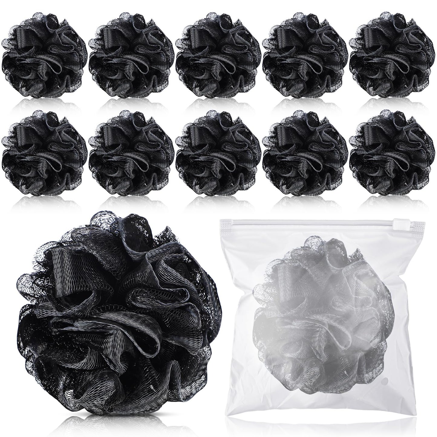 Funnymoom 12 Pcs Travel Size Loofah Individually Wrapped, Small Shower Puff Bath Sponge Pouf Ball Bulk Mesh Bath Puff Mini Loofah Sponge with Case Bulk for Shower Care (25g,Black)