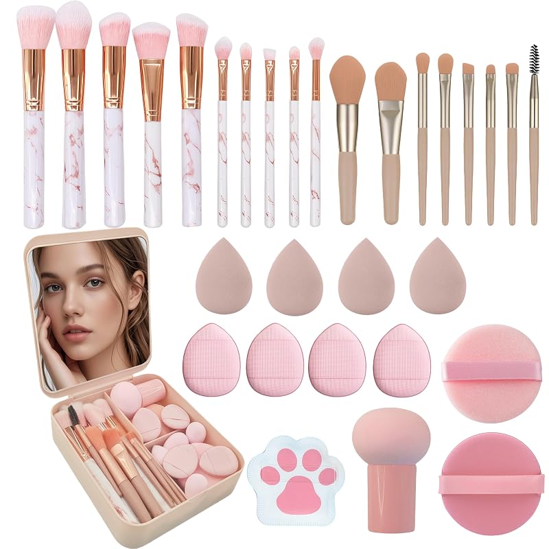 Pink 30-Piece Makeup Brush Set with 18 Brushes, 12 Sponges & Mirror Case (Variation: Pink) for Beginners