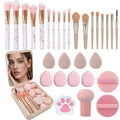 Pink 30-Piece Makeup Brush Set with 18 Brushes, 12 Sponges & Mirror Case (Variation: Pink) for Beginners