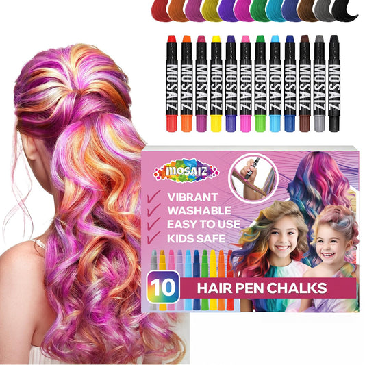 Mosaiz Hair Chalk for Girls and Boys, 10 Pcs Chalk Pens, Washable, Safe Temporary Hair Color for Kids, Teens and Adults, Great Birthday Gift, Great Toy for Kids Age 5 6 7 8 9 10 11 12 13 Years Old