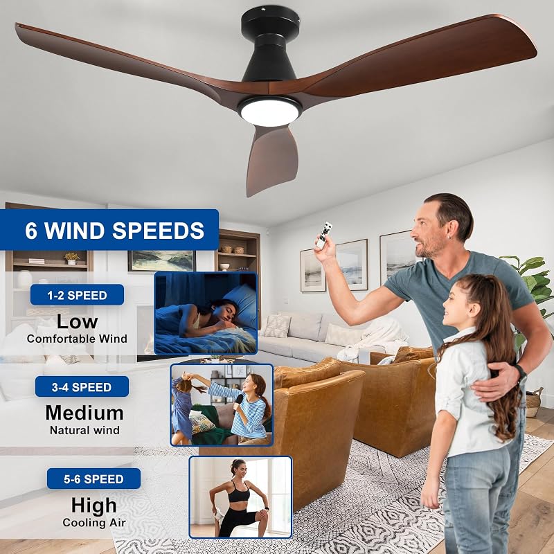 Depuley 52-Inch Walnut LED Ceiling Fan with Light - Remote, Dimmable, 6 Speeds, Sleep Timer
