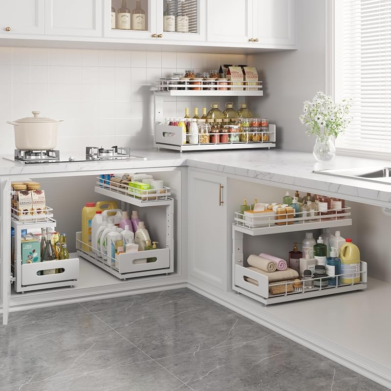 Under-Sink 2-Tier Pull-Out Organizer with Height-Adjustable Rails - 18.5x12.8x16.9 in (White) - 2 Pack