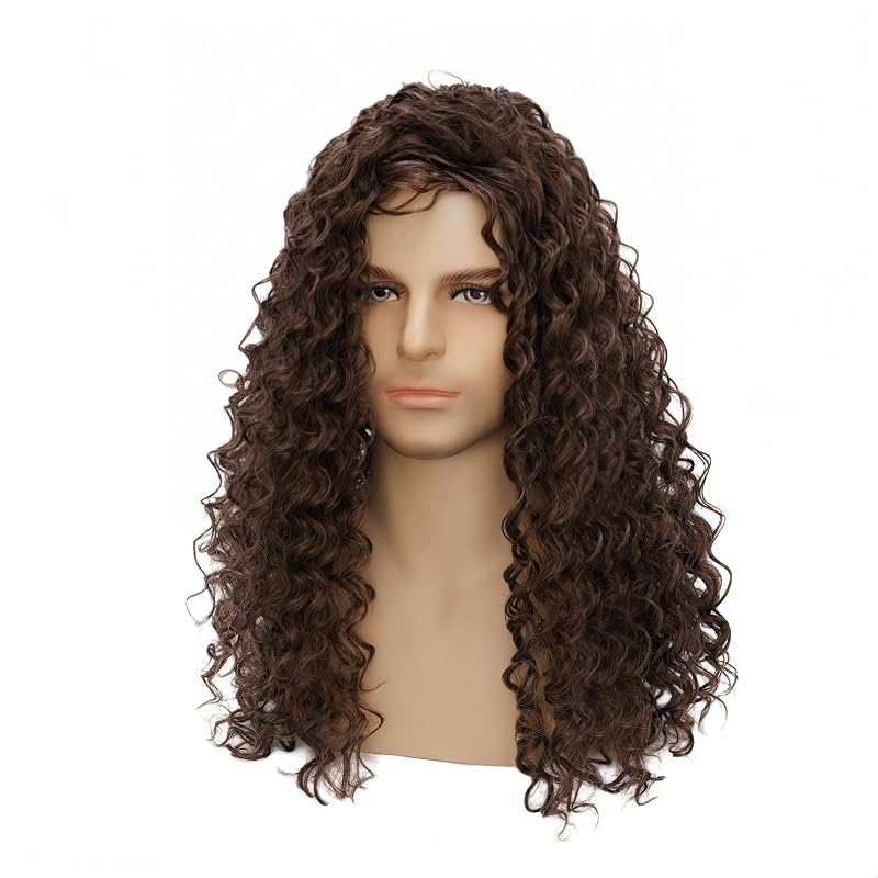 Mens Long Brown Curly Wig - Heat-Resistant Synthetic Cosplay Hair, Miradin Variation Brown-3