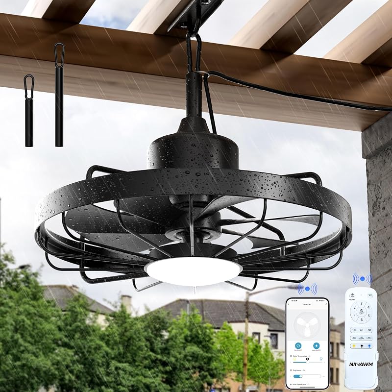 Niitawm Black 20" Outdoor Ceiling Fan with Light, IP65 Waterproof Remote & APP Control
