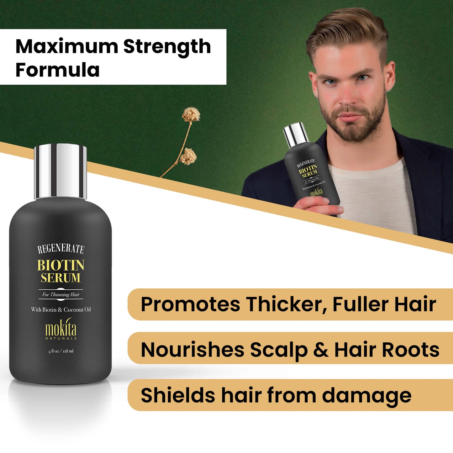 Mokita Naturals Hair Growth Serum - Unique Paraben-Free Biotin Formula for Healthy Hair Growth in Men and Women, All Hair Types - 4oz