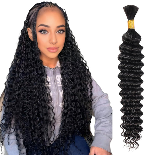 Human Braiding Hair for Boho Braids Human Hair 50g 1 Bundle 26 Inch 12A Deep Wave Boho Hair for Braiding No Weft Natural Color Bulk Human Hair