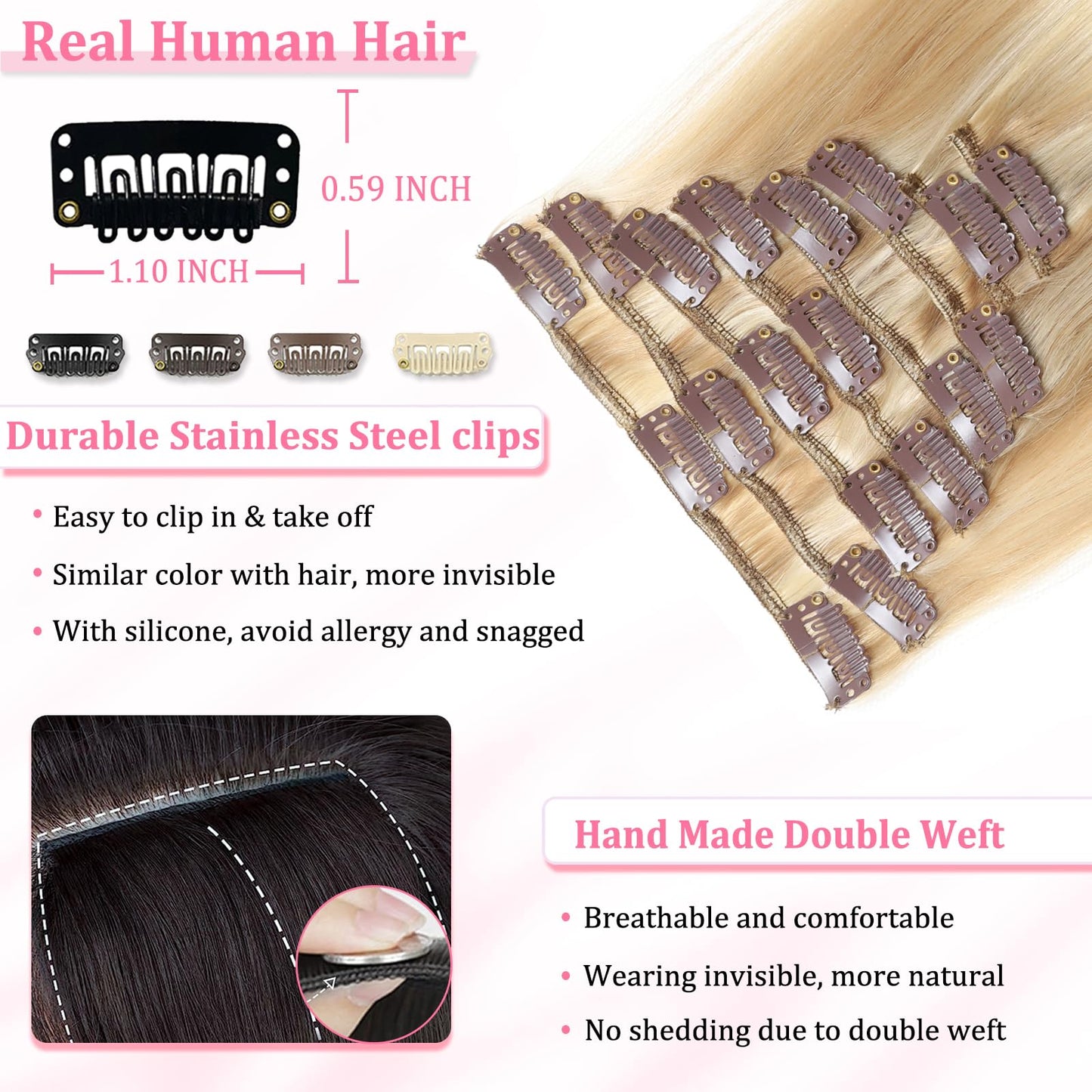 Clip in Hair Extensions Real Human Hair, Seamless Balayage Human hair Clip ins Extensions for Women Invisible Straight 8Pcs Double Weft Dark Blonde Highlight Bleach Blonde 16inch 90g