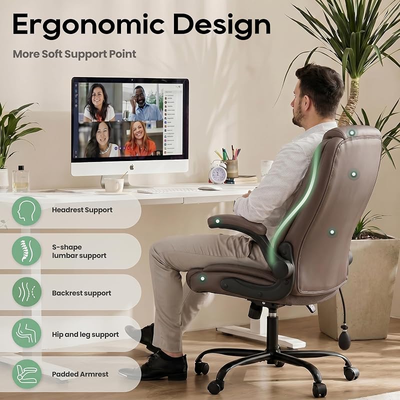 MALOL Leather Office Chair with Flip-Up Arms, Brown – Variation: Brown+Set of 1